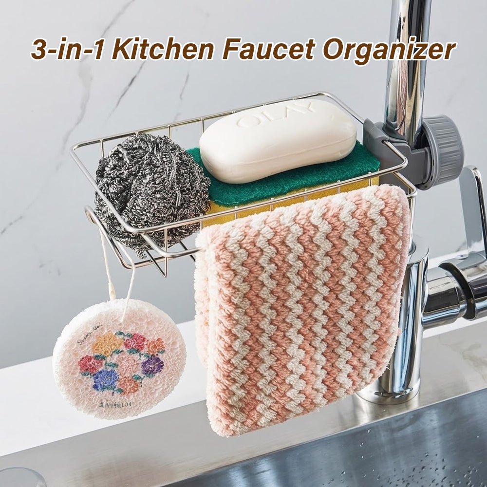 3-in-1 Kitchen Faucet Organizer Rack -Rustproof Stainless Steel Holder for Sponges, Brushes & Soap
