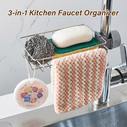 3-in-1 Kitchen Faucet Organizer Rack -Rustproof Stainless Steel Holder for Sponges, Brushes & Soap
