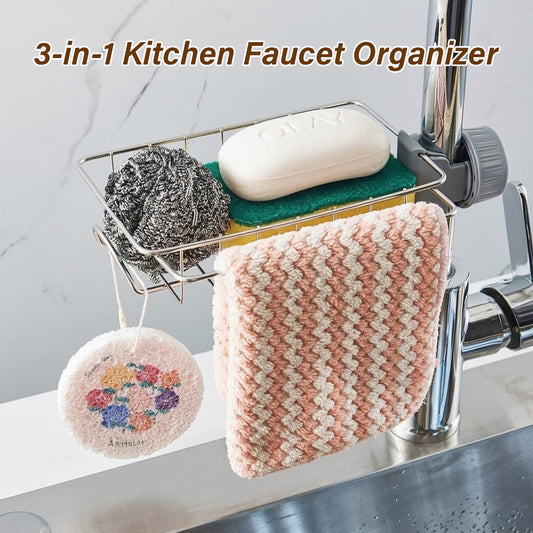 3-in-1 Kitchen Faucet Organizer Rack -Rustproof Stainless Steel Holder for Sponges, Brushes & Soap