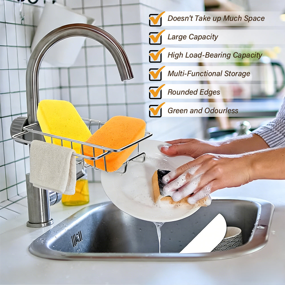 3-in-1 Kitchen Faucet Organizer Rack -Rustproof Stainless Steel Holder for Sponges, Brushes & Soap