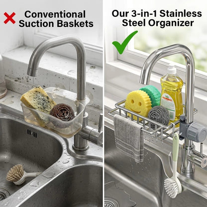 3-in-1 Kitchen Faucet Organizer Rack -Rustproof Stainless Steel Holder for Sponges, Brushes & Soap